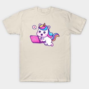 Cute Unicorn Working On Laptop Cartoon T-Shirt